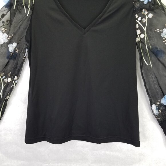 Boston Proper Blouse Sz L 3-D Floral Embellished Organza Sheer Puff Sleeve Black - Picture 4 of 16